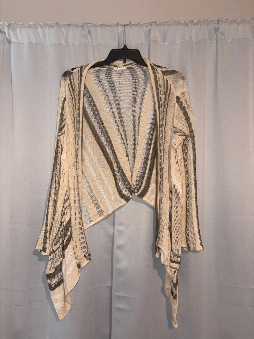Lightweight Open-Front Knit Cardigan Sweater - Cream & Green